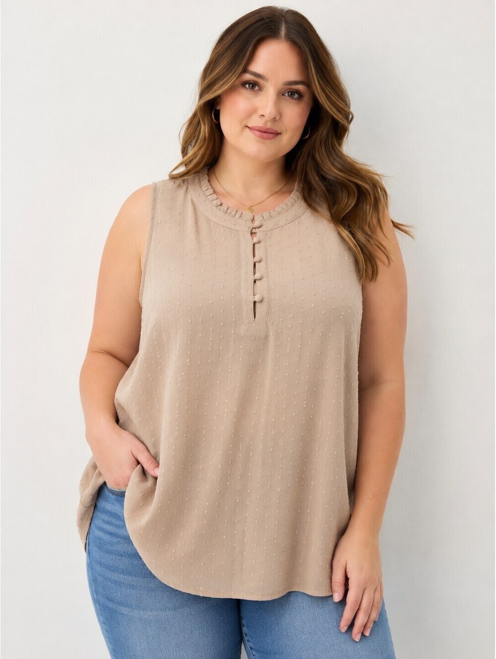 NWT Torrid Taupe Swiss Dot Ruffle Shell Blouse Top 3X 22-24